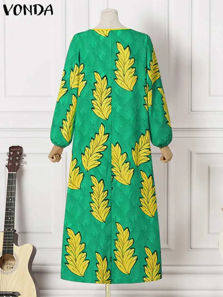 Plus Size 5XL VONDA Women Floral Printed Maxi Dress Casual Lace Party Sundress Summer Long Sleeve Vintage Bohemian Beach Robe