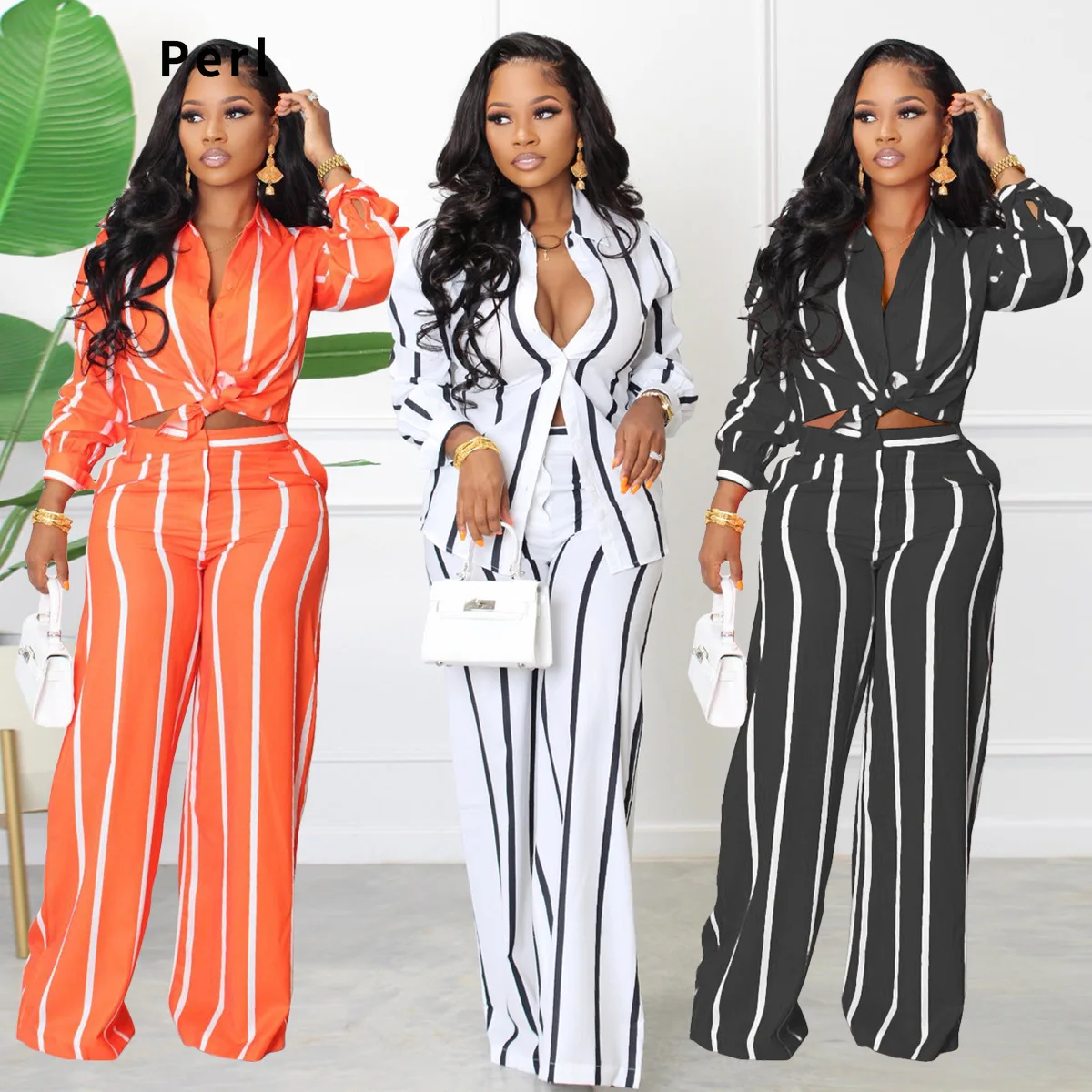 

Perl Stripe Full Sleeve Top+straight Pant Suit Two Piece Sets Womens Outifits OL Office Female Clothing Ensemble Femme 2 Pièces