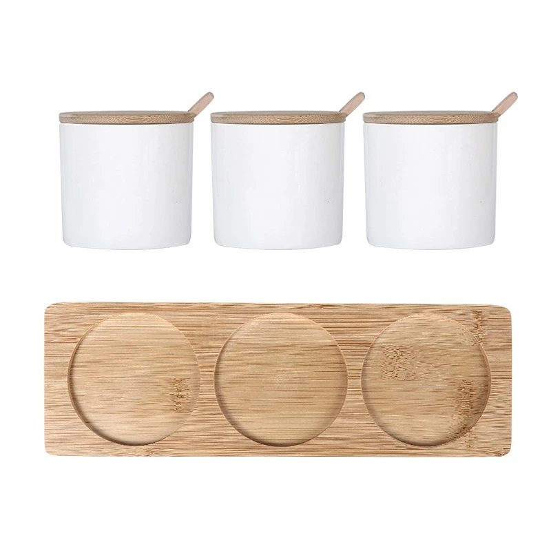 

3 Pcs Seasoning Container Spice Jar Glass Sugar & Salt Storage Jar Containers With Wood Lids & Spoon Kitchen Supplies