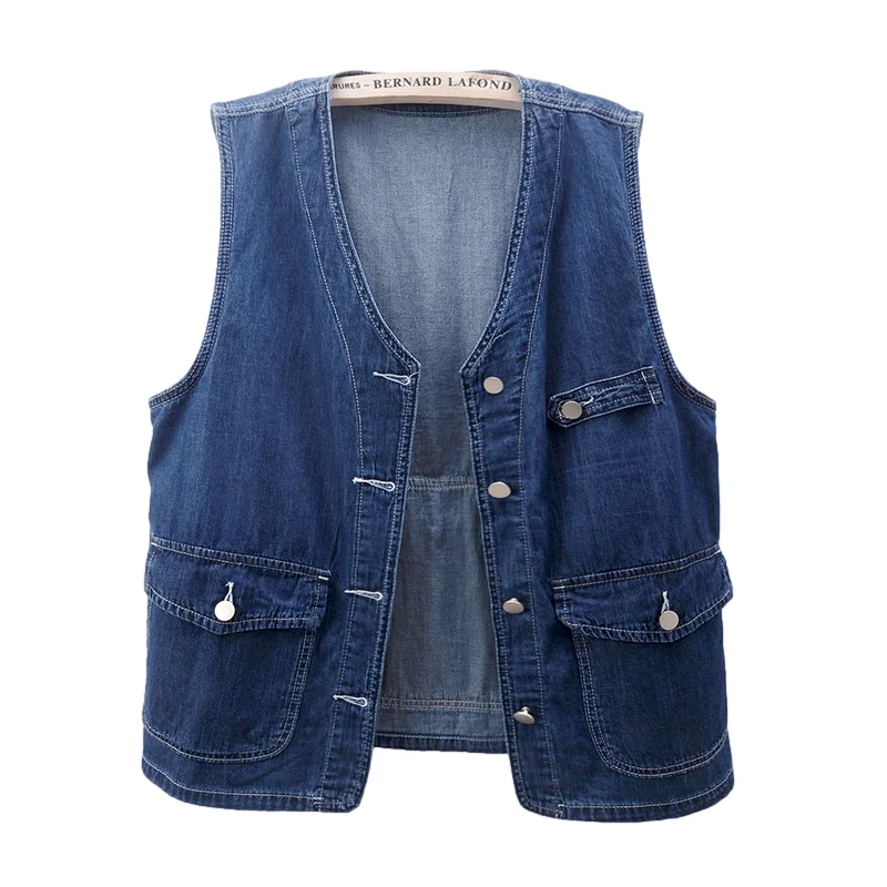 

Summer Thin Dark Blue Denim Vest Women Waistcoat Loose Mid Long Cowboy Sleeveless Jacket Big Pocket V Neck Jeans Vests Female