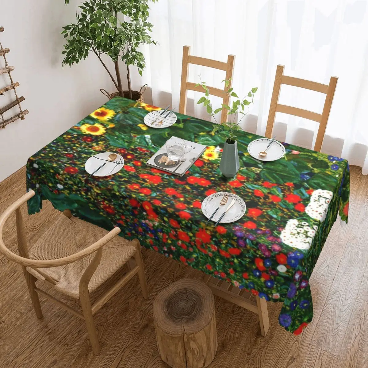 

Rectangular Waterproof Farm Garden With Sunflowers Table Cover Gustav Klimt Painting Art Table Cloth Tablecloth for Dining