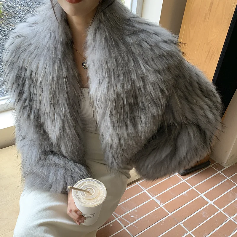 Raccoon Hair Real Fur Short Coat Women Shawl Fashion Luxury Capes Winter Thicken Warm Overcoat Big Collar Jacket Dropshipping