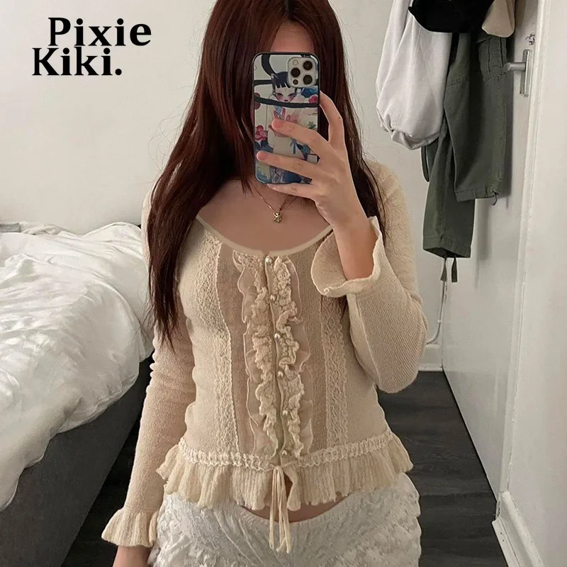 

PixieKiki Y2k 2000s Tops Fairycore Lace Trim Beaded Flared Sleeve T Shirt for Women French Style 90s Vintage Clothes P77-DG20