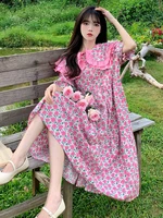 summer women pink floral dresses falbala layered collar loose fitting one piece robe petal sleeve calf length dress for girls