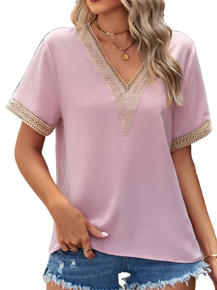 

Women Short Sleeve V Neck Solid Chiffon T Shirt Tops