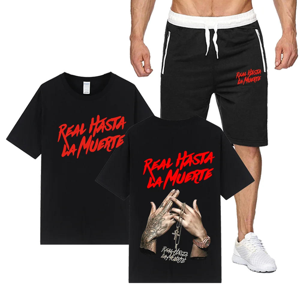 

Anuel AA Men's sets Men Tracksuit Real Hasta La Muerte Suit 2 Pieces Fitness Sportswears+Beach shorts Mens Casual T-Shirts Male