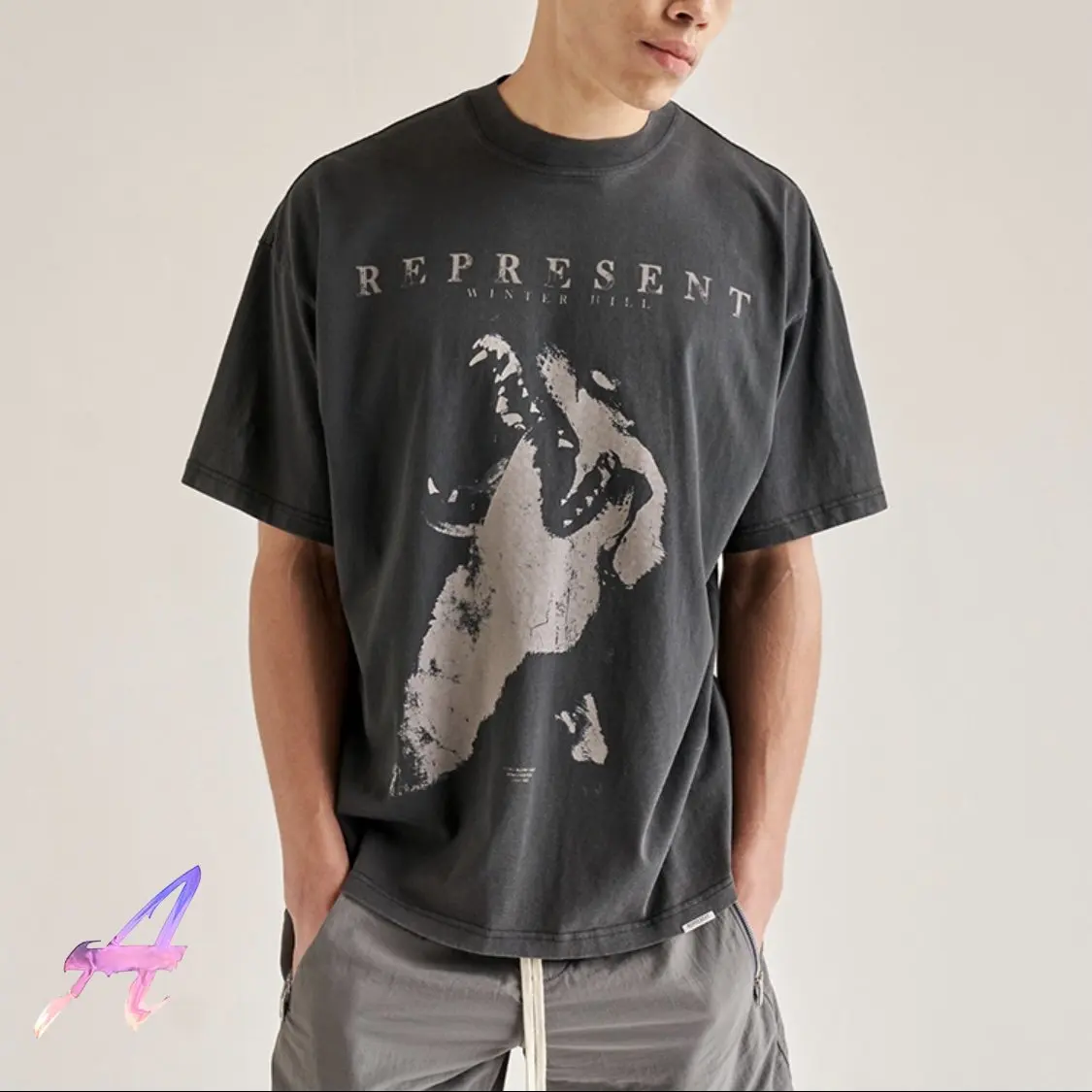 

REPRESENT Tshirt Wolf Print Retro Washed Old Men Women Oversized T-Shirts