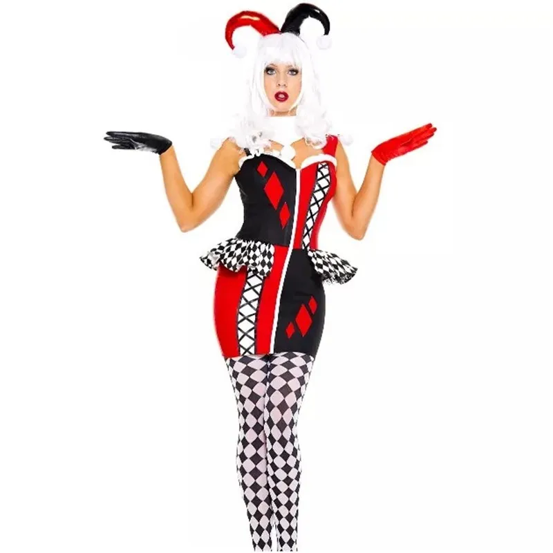 

Women Sexy Adult Circus Jester Naughty Harlequin Clown Cosplay Costume Halloween Quinn Honey Joker Party Dress