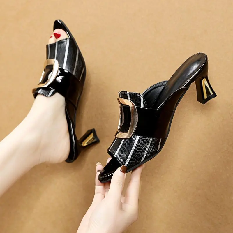 Women's Sandals 2023 Summer New Fashion High Heel Slip-on Retro Outerwear Half Slippers