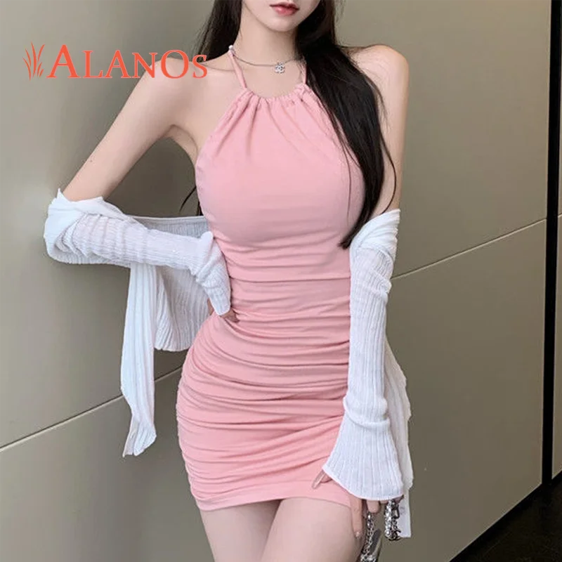 

ALANOS Women Ribbed Elastic Mini Dress Ruched Drawstring Adjustable Length Vestidos Sexy Party O-Neck Summer Bodycon Club Wear