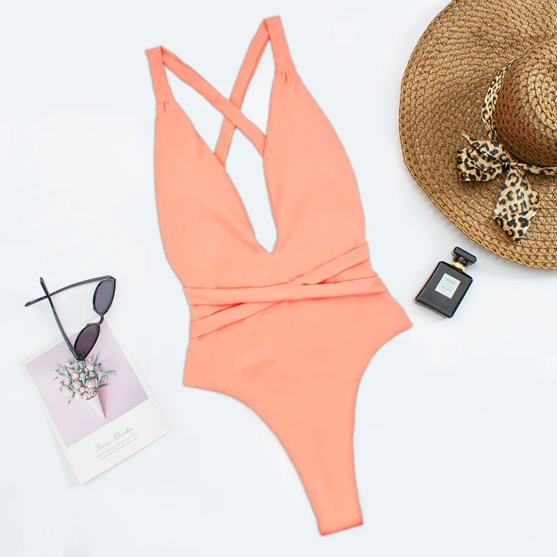 Sexy Deep V Halter One Piece Bikini Set Swimsuit Women 2023 Bathing Suit Beachwear Bikini