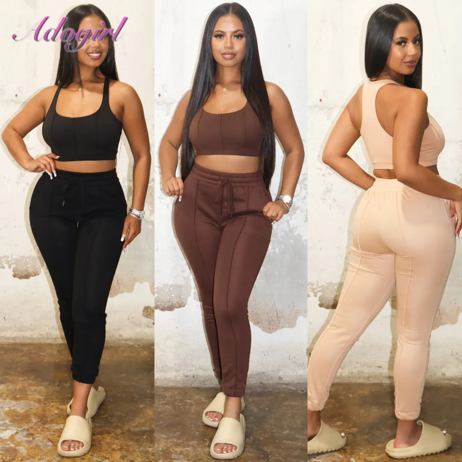 Fitness Summer Active Two Piece Set Women 2022Outfit Tracksuit Solid Sleeveless Vest Crop Top Drawstring Legging Sweatpants Suit