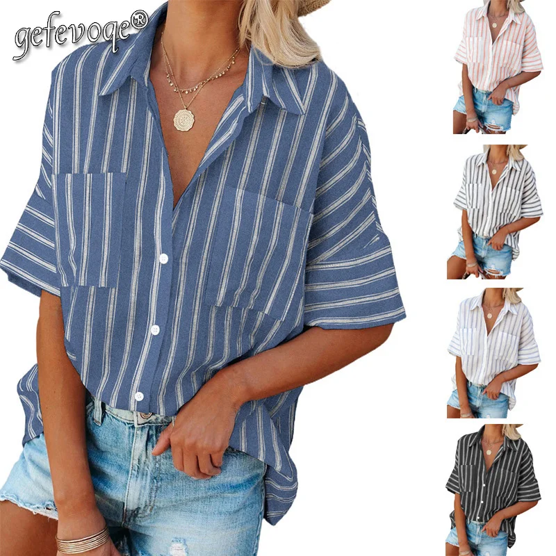 

Women's Loose Single-breasted Loose Clothes Female Fashion Casual Five-quarter Sleeve Striped Shirt Lady Elegant Vintage Tops