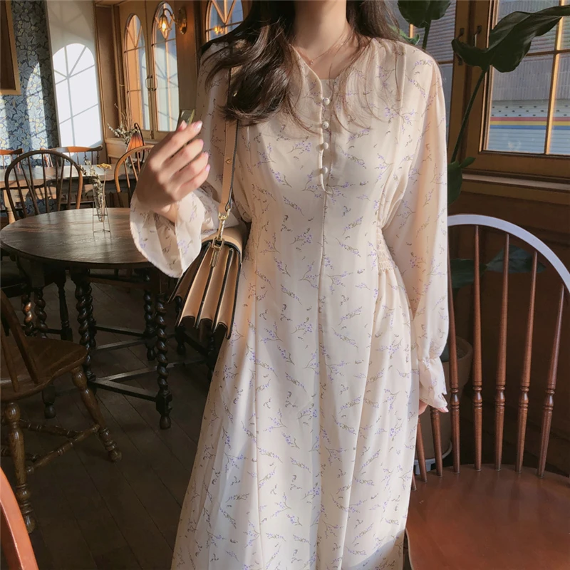 

Elegant V-neck Elastic Waist Women Dress Floral Print Full Sleeve Long Female Dress 2020 Vintage Summer Women Vestidos