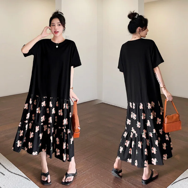 

Платье женское свободного покроя, контрастная оранжевая плиссированная юбка с цветочным принтом, с коротким рукавом, большие размеры, на лето