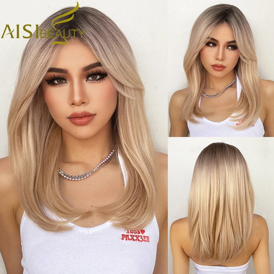AISI BEAUTY Synthetic Wigs Long Blonde Wigs for Women Layered Hairstyle Ombre Black Brown Blonde Gray Ash Full Wigs pelucas