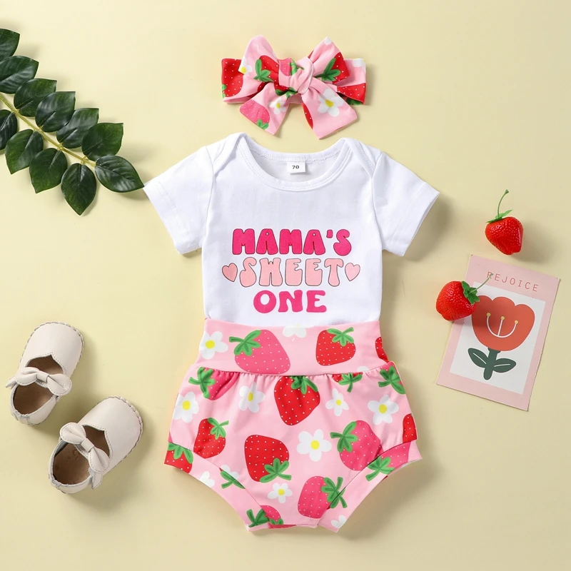 

0-18M Baby Girls Clothes Sets 2023 New Summer Casual Street Short Sleeves Letter Print Romper Tops + Shorts + Headband Babe Sets