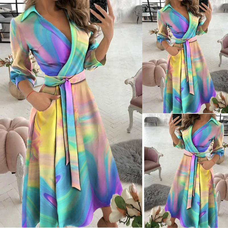 

Spring and summer fashion long sleeved V-neck printed buttocks dress for women