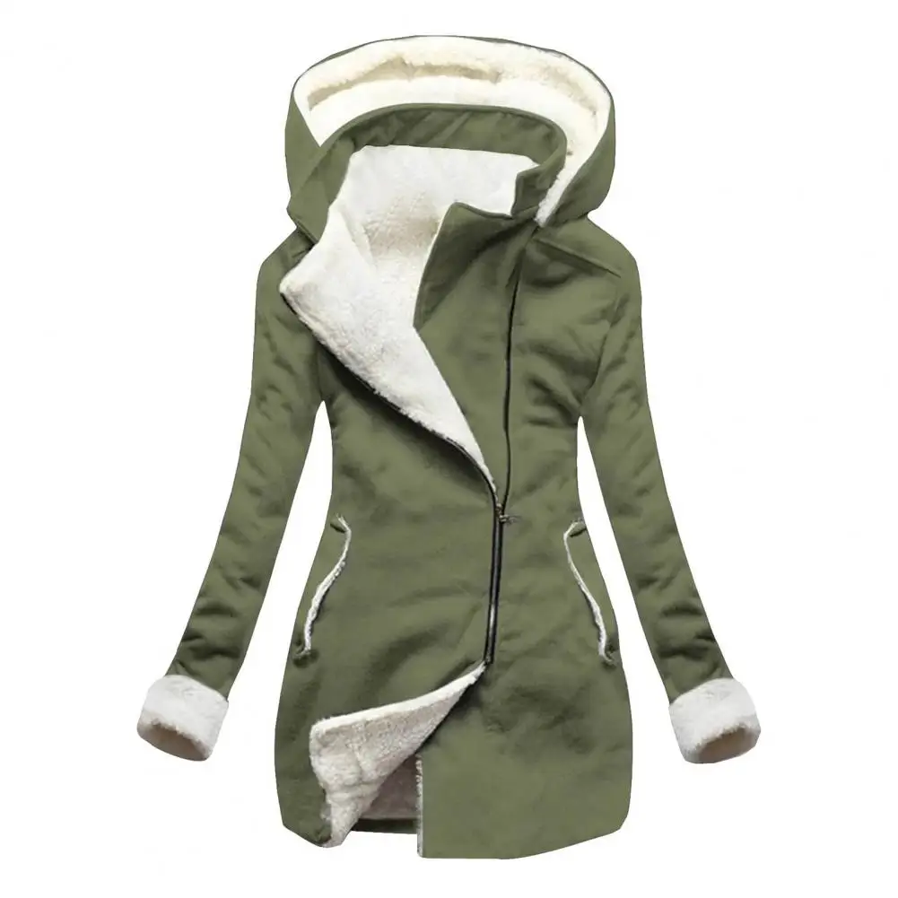 

Winter Women Coat Zipper Side Pockets Fleece Lined Hooded Jacket Long Sleeve Women Winter Overcoat Female clothing