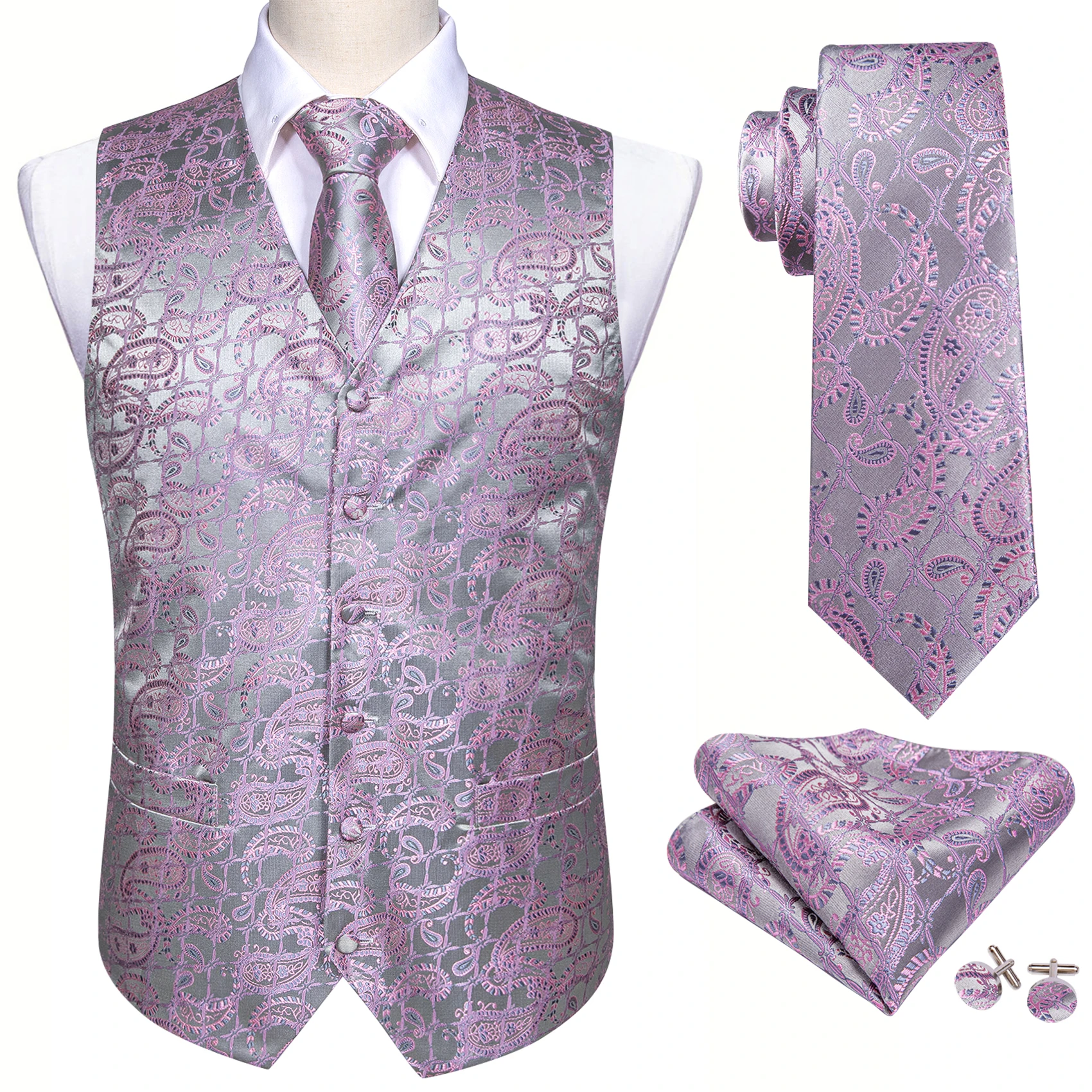 

Pink Silk Vest Waistcoat Men Slim Suit Vest Black Paisley Necktie Set Handkerchief Cufflinks Tie Vest Business Barry.Wang Design