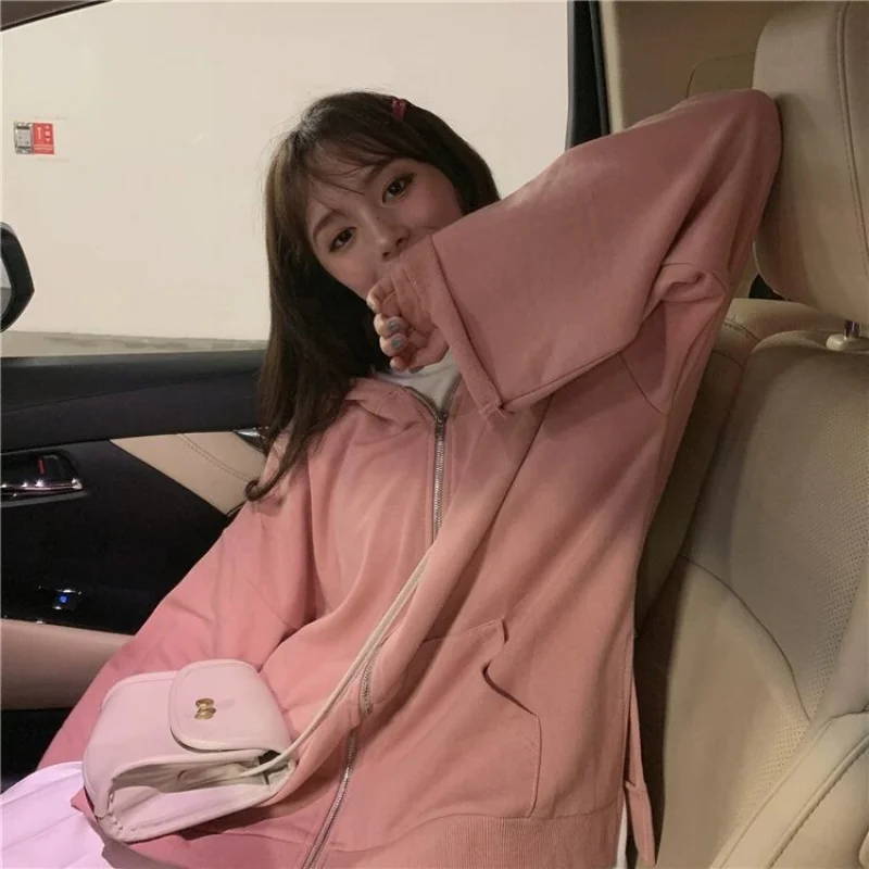 

Spring and Autumn New Hooded Sweater Women's Fashion INS. Korean Version Loose Solid Color Thin Cardigan Zipper Coat