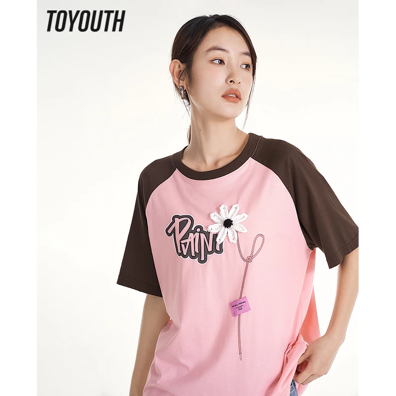 

Toyouth Women T-shirt 2023 Summer Short Sleeve Round Neck Loose Tees 3D Flower Print Contrast Raglan Sleeves Pure Cotton Tops