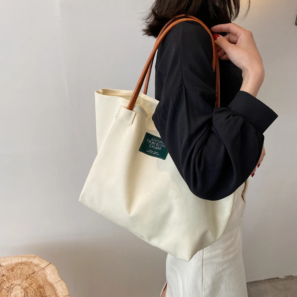 

Вместительные холщовые сумки-тоуты для женщин, простые однотонные Модные женские сумочки в стиле Харадзюку на ремне для покупок