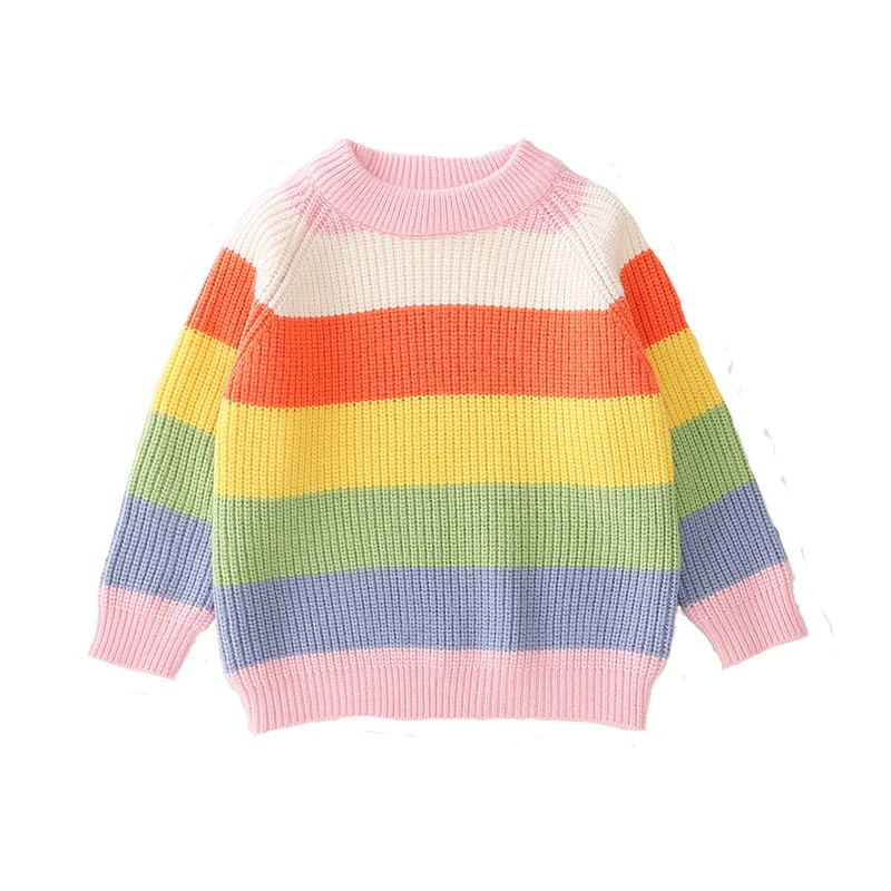 

2022 Spring Autumn New Children's Sweater Boys Girls Striped Rainbow Cashmere Sweater Thickened Warm Knitted Sweater