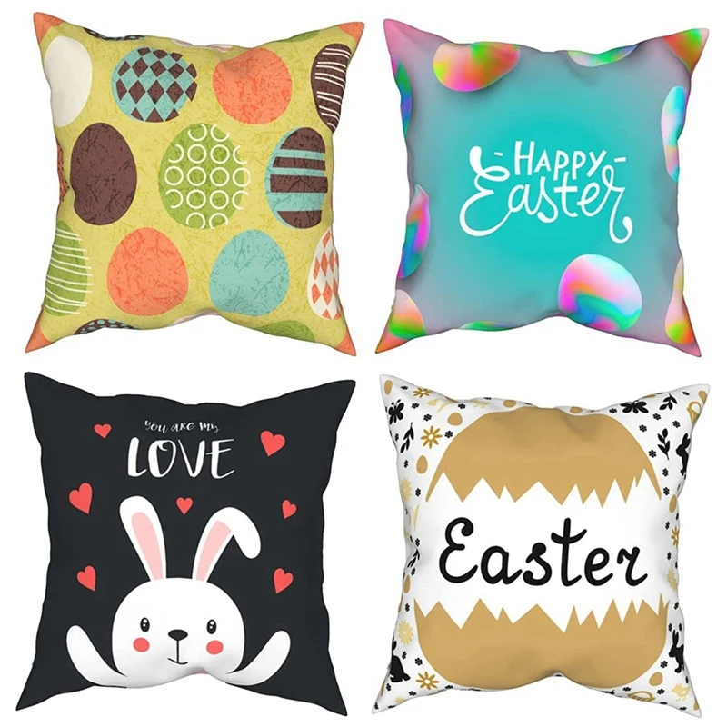 

Spring Easter Pillow Covers 18X18inch Set Of 4 For Easter Decorations, Throw Pillow Set With Bunny & Eggs For Sofa Decor