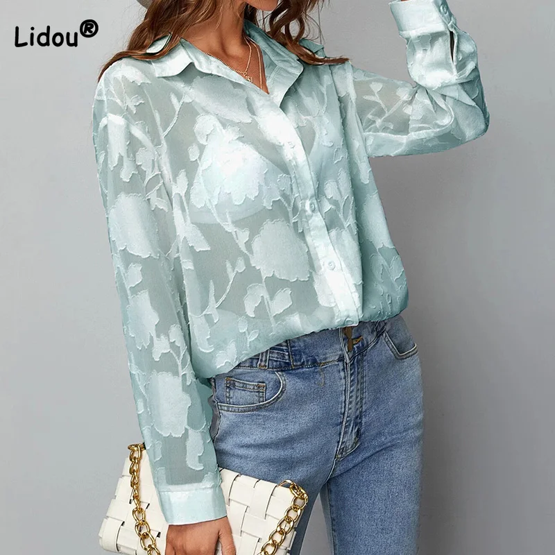 

Кардиган шифоновый однобортный с отложным воротником, модная повседневная Однотонная рубашка с длинным рукавом и ажурным принтом, весна-ле...