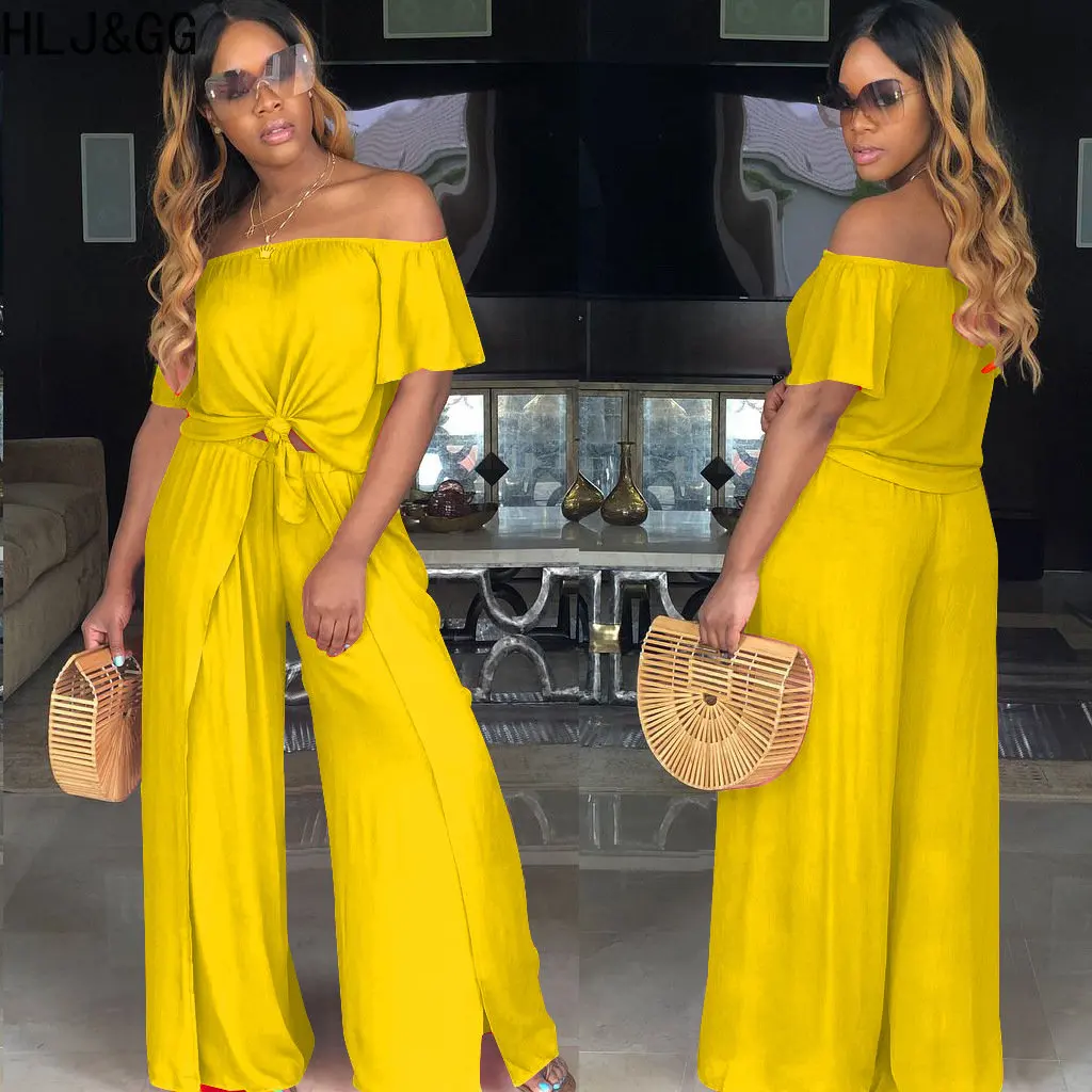 

HLJ&GG Casual Streetwear Women Off Shoulder Short Sleeve Crop Top And Wide Leg Pants Two Piece Sets Female Matching 2pcs Outfits