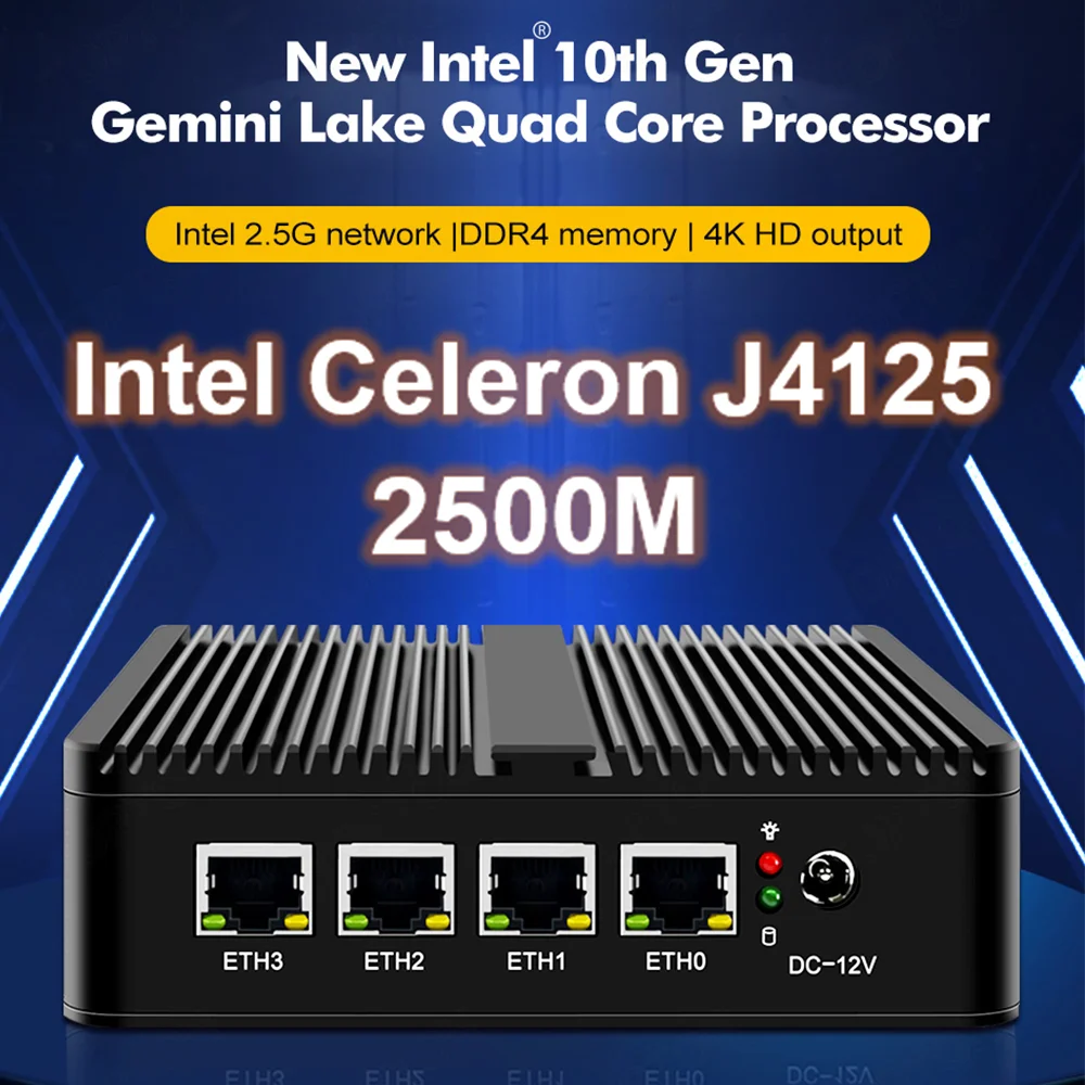 2022 NEW J4125 Fanless 2.5G Router Mini PC 4 Intel i225-V B3 2.5GbE Nics pfSense Firewall Router PC OPNsense VMware ESXi Proxmox