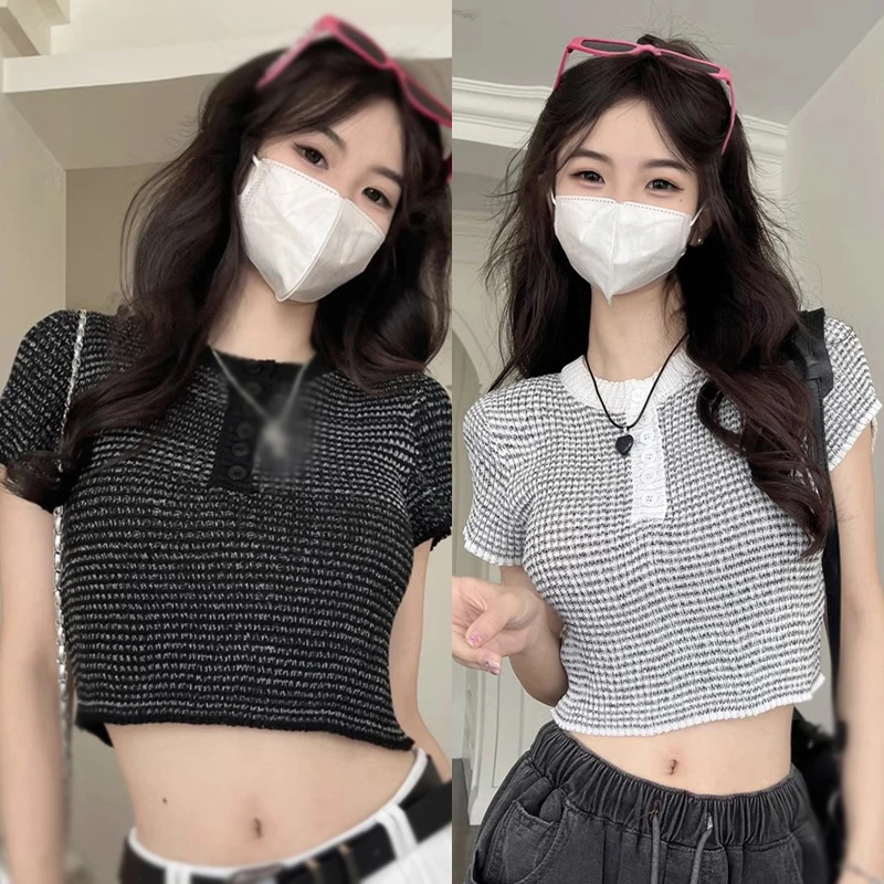 Женский короткий топ в полоску футболка контрастных цветов с коротким рукавом