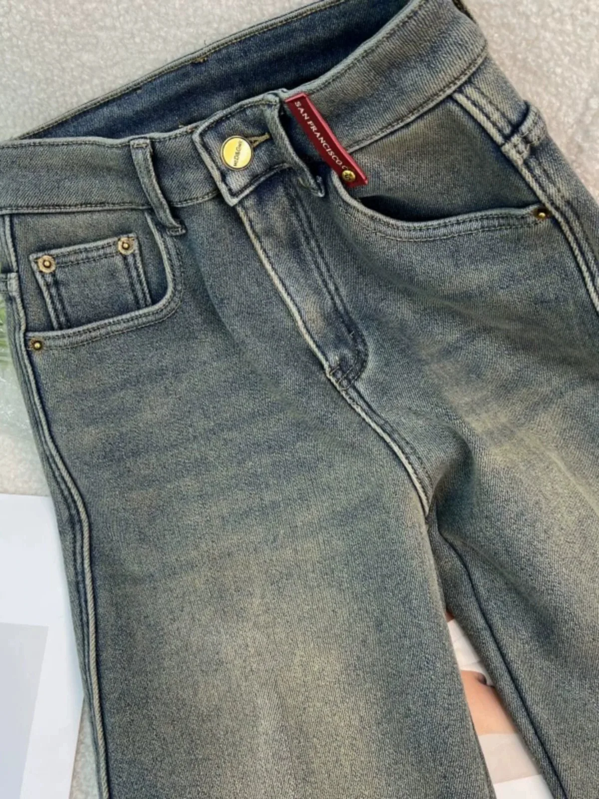 Plus Size Plus size European Goods Embroidered Straight Jeans Pear-Shaped Autumn and Winter New Chubby Girl High Waist Slimmi...