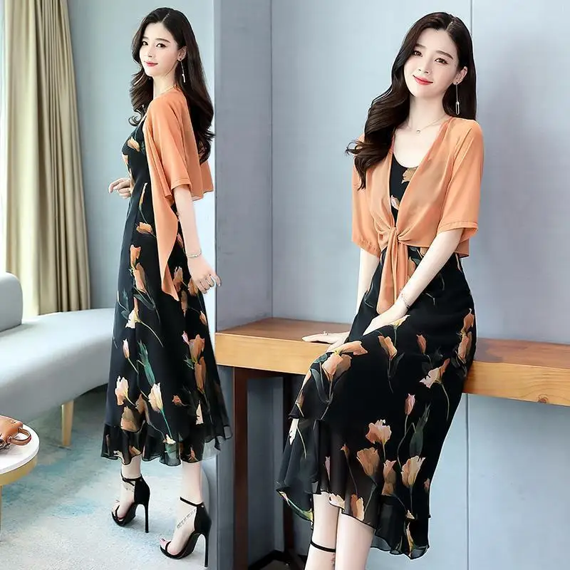 

Summer Dresses 2 Piece Sets Women Elegant Long Dress Sets Cardigan Blouse and Floral Print Dress Suits Vestido Outfits Q37