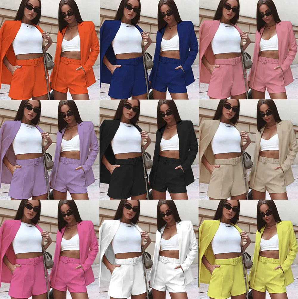 

New women's autumn and winter solid color suit shorts suit (with belt)