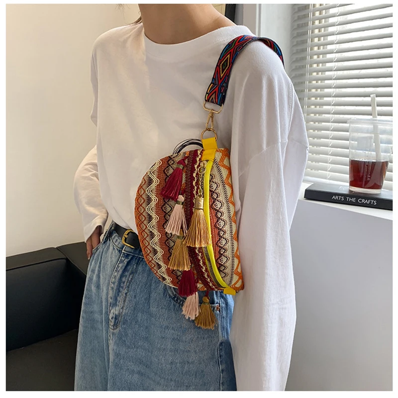 Женская поясная сумка с регулируемым ремешком разноцветная бахромой 2022 |