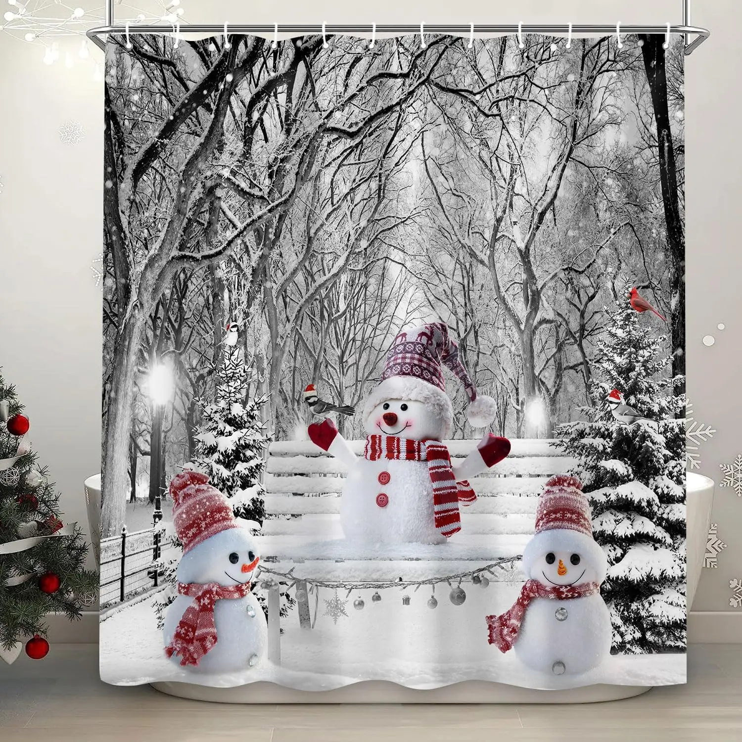 

Winter Christmas Shower Curtains Cute Snowman Xmas Pine Tree Snow Forest Holiday Home Bath Curtain for Bathroom Decor with Hooks
