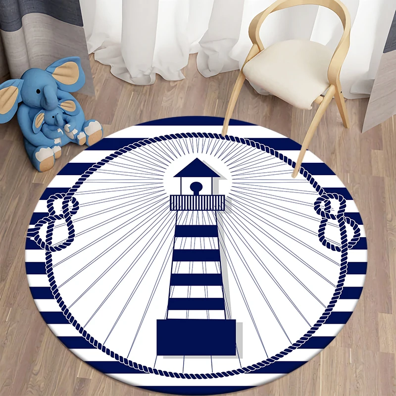 

Round Rug Blue & White Striped Children's Carpet Living Room Bedroom Kitchen Area Rug Mat Anti-slip Washable Computer Chair Mat