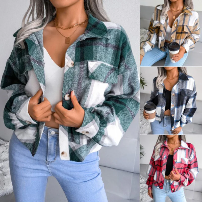 

Женская модная осенне-зимняя шерстяная куртка в клетку с длинным рукавом-фонариком для женщин, однобортные свободные шикарные Короткие топ...