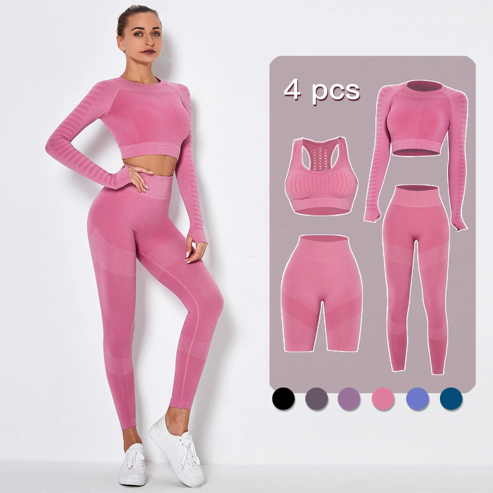 

4PCS Seamless Women Yoga Set Workout Sportswear Gym Clothing Fitness Long Sleeve Crop Top High Waist Leggings Short Suits