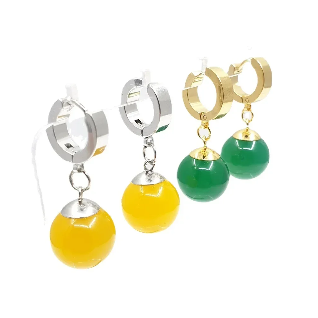 Серьги-гвоздики с шариком в стиле аниме желто-зеленый агат инкрустация круглым