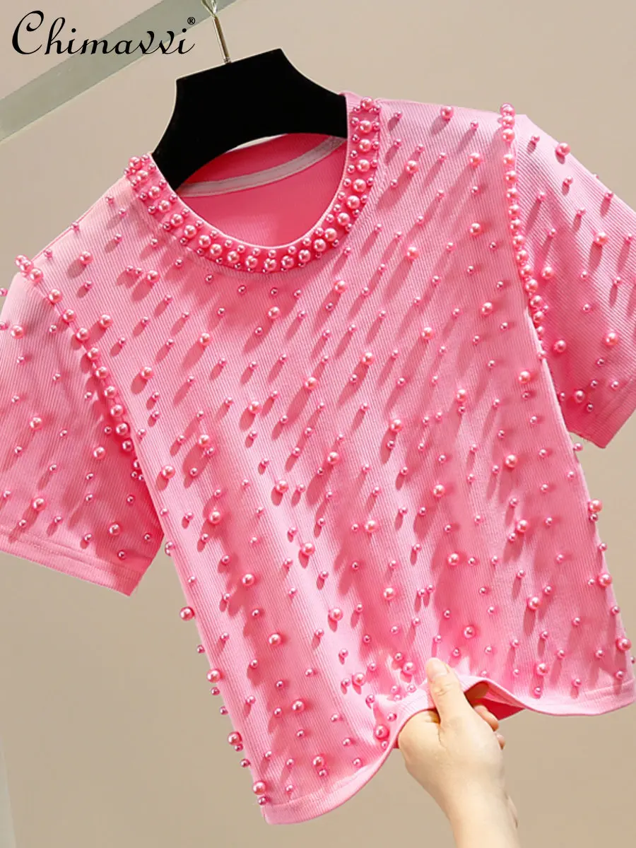 

Heavy Beads Round Neck Pullover Short Sleeve T-shirt Women's Slim-Fit Short Solid Color Tshirt Fashion Sweet Elegant Tees Top