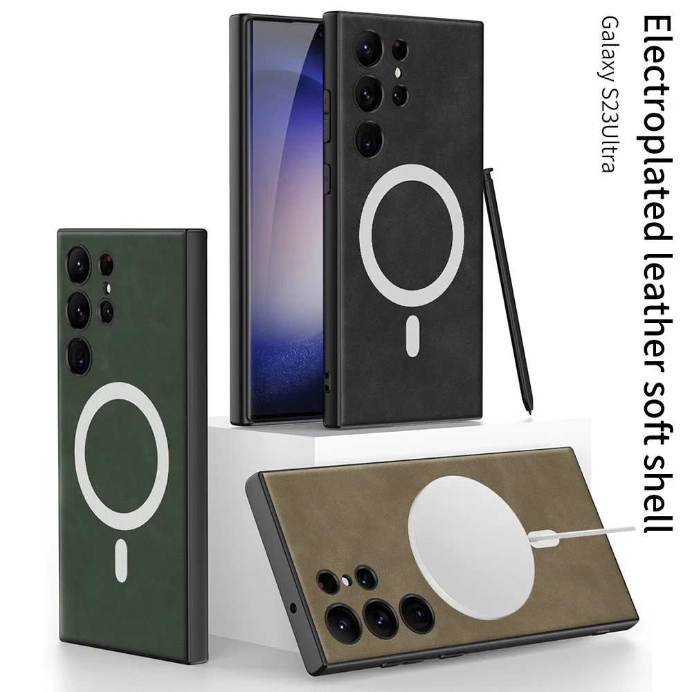 

Shockproof Matte Leather Case For Samsung Galaxy S23 Ultra S23 Plus Armor Bumper Magnetic Magsafe Wireless Charging Cover cases