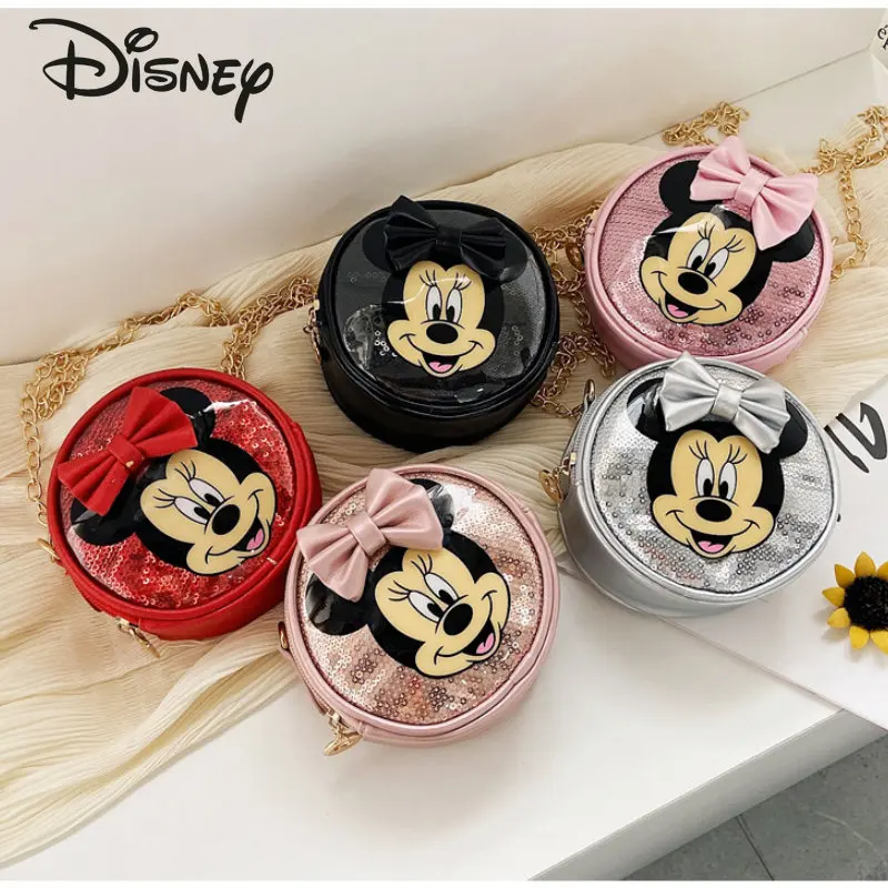 

Disney Minnie Children's Messenger Bag Cartoon Cute Children's Universal Handbag Fashion Pu Sequin Girl's Change Small Round Bag