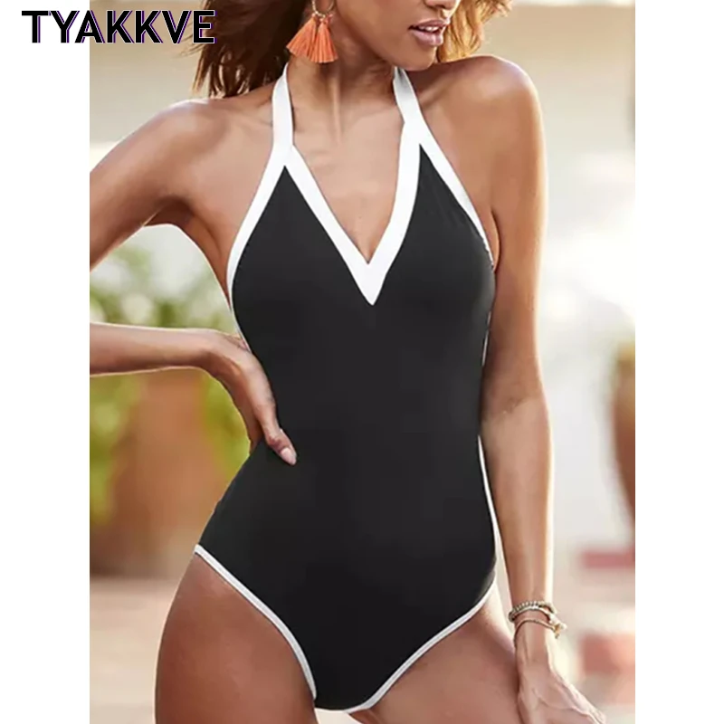 

2022 New One Piece Swimsuit Sexy Halter Black Swimwear Women Bathing Suit Beach Backless Monokini Swimsuit Plus Size Female XXL