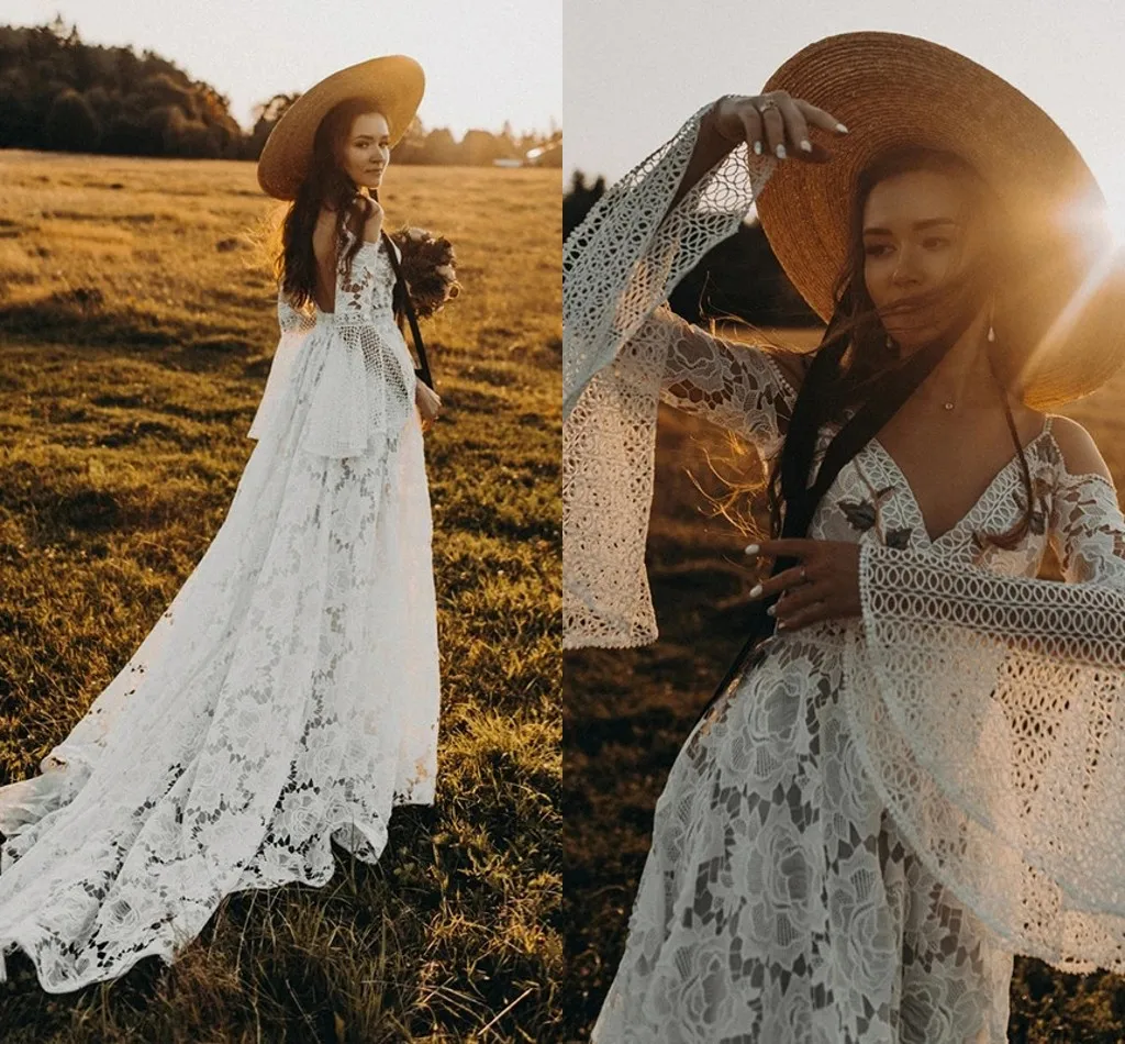 V-Neck crochet cotton lace Wedding Dresses beach bohemian country Bridal Gowns Long sleeves Vestido De noivas