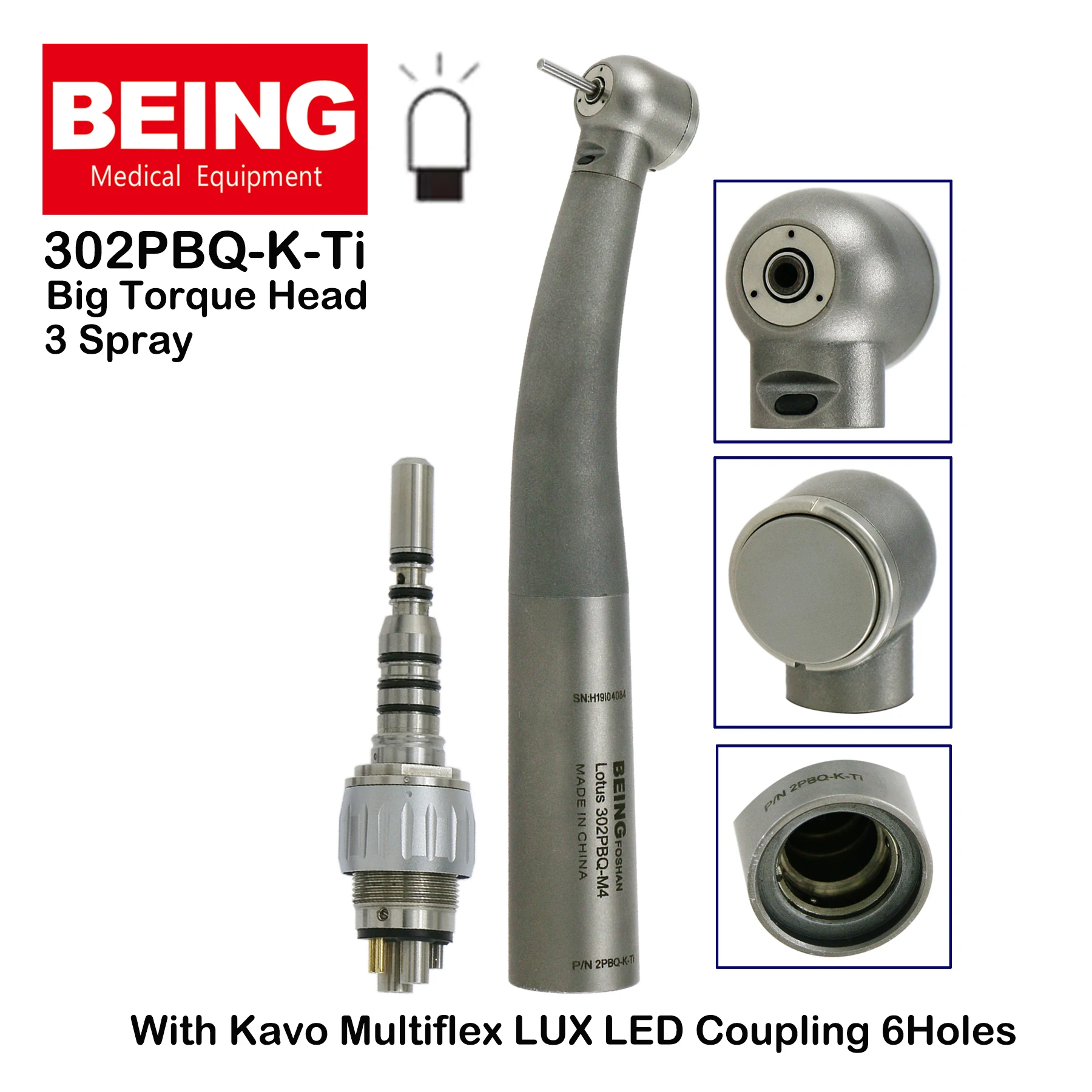BEING Dental LED Fiber Optic High Speed Big Torque Head Air Turbine Handpiece 302PBQ-K Ti With KAVO MULTIflex Coupling 6Holes