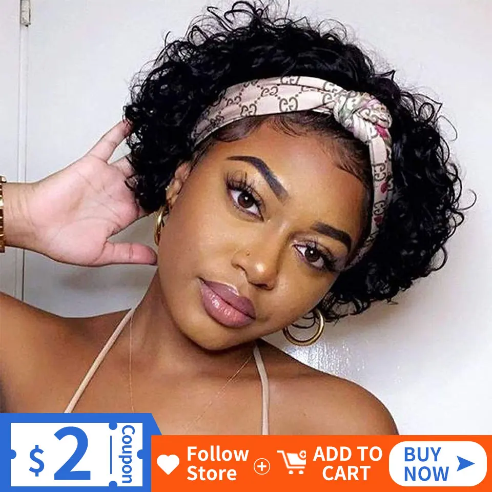 Short Curly Headband Wig Human Hair Brazilian Remy Human Hair Wigs For Black Woman Glueless 6 Inches Full Machine Made Wig