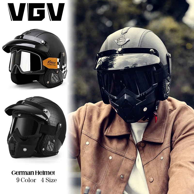 Фото Кожаный материал VGV, винтажный мотоциклетный шлем, съемная маска, шлем 3/4 с открытым лицом, унисекс, для взрослых, детей и подростков, всесезонный №4